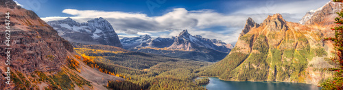 Panoramic View of Glacier Lake with Canadian Rocky Mountains in Background. Sunny Fall Day. Located in Lake O'Hara, Yoho National Park, British Columbia, Canada. Nature Panorama