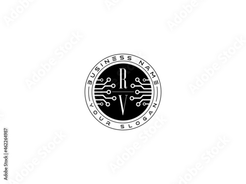 Technology RV Logo, Initial rv Technology Logo concept, round emblem, solution symbol logotype white background
