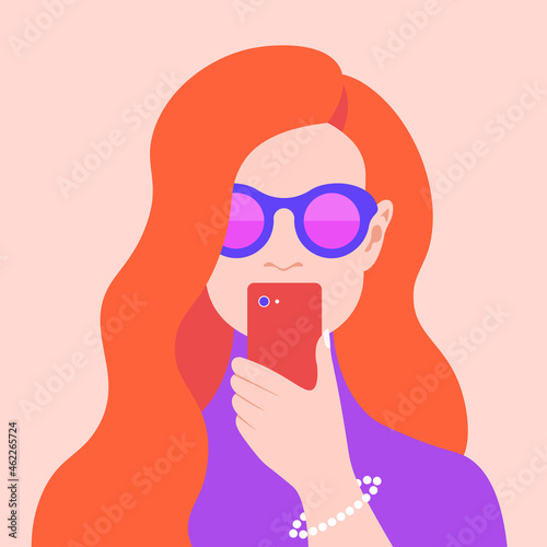 Portrait of a red-haired woman with a phone. Psychological addiction on the smartphone and the Internet. Avatar for social media. Bright colours. Vector flat illustration