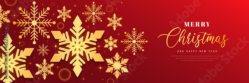 Red christmas horizontal banner background with glitter golden snowflake decoration. Luxury and elegant snowflake texture creative design. Suit for poster, cover, banner, brochure, website, promo