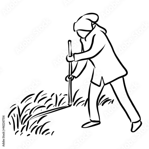 woman cutting grass with scythe line art