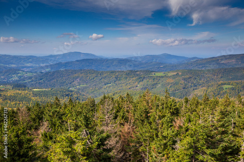Fototapeta Naklejka Na Ścianę i Meble -  Silesian Beskids Mountains landscape from the Barania Gora Mountain on a sunny autumn day
