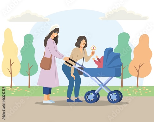 Two moms in park. Parents walking with their children, cutie. Woman shows toy to child, girl with stroller, motherhood. Fresh air, autumn, cold weather, cloud. Cartoon flat vector illustration