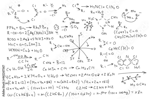 Chemical formulas. Handwritten on a white background. 