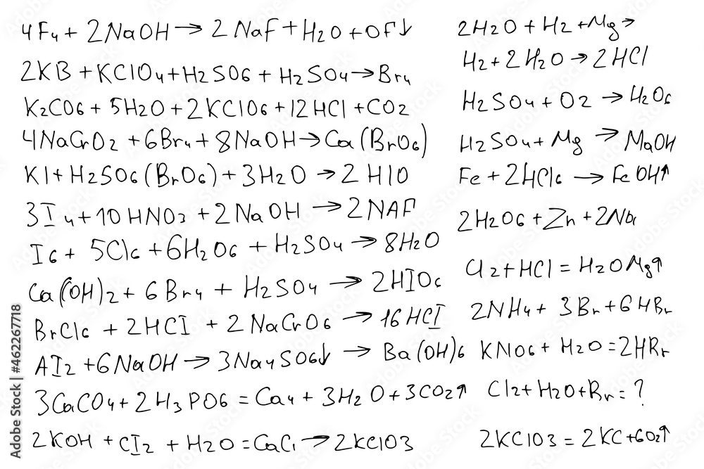 Chemical formulas. Handwritten on a white background. 