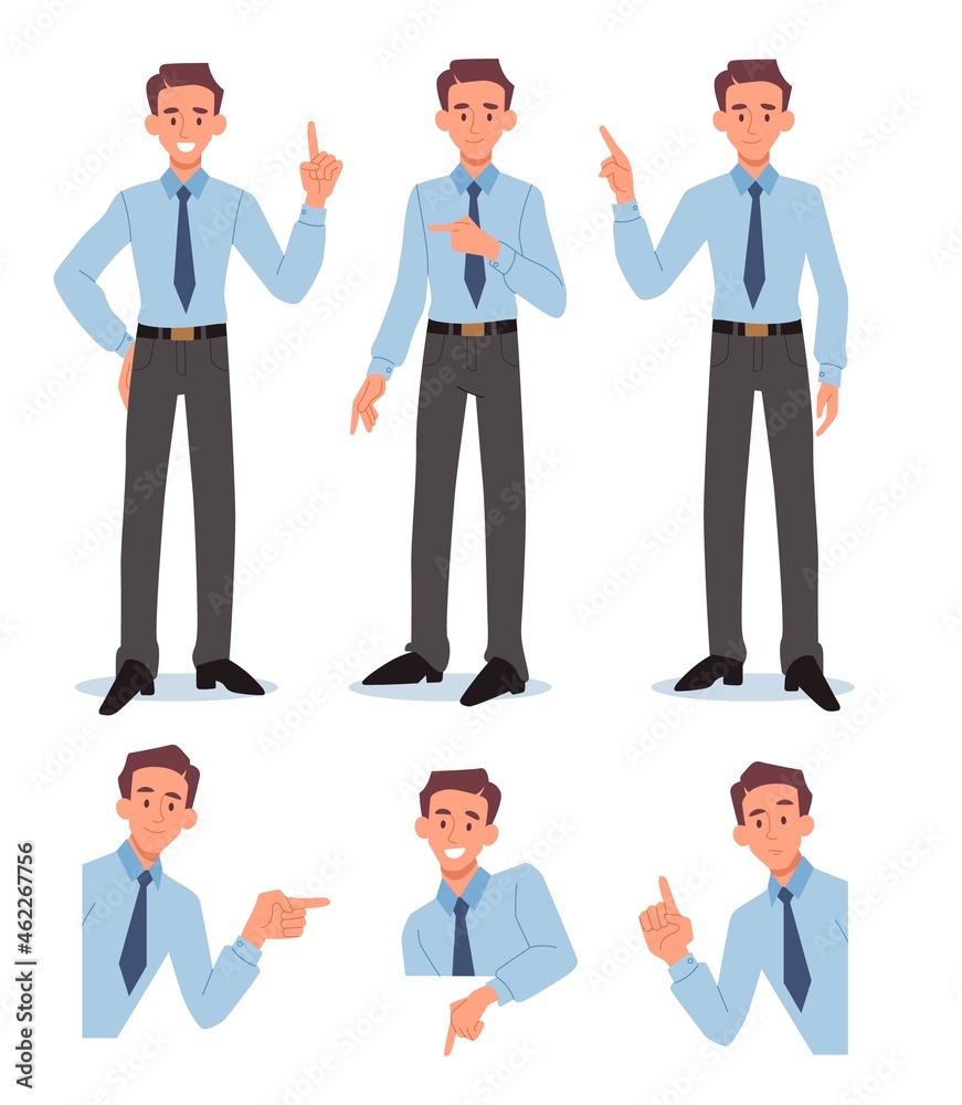 Set of man. Collection of pictures with young guy, animation. Employee, businessman, friendly person. Gestures, facial expressions. Cartoon flat vector illustration isolated on white background Set of man. Collection of pictures with young guy, animation. Employee, businessman, friendly person. Gestures, facial expressions. Cartoon flat vector illustration isolated on white background