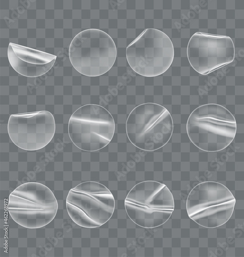 Transparent tape pieces. Collection of plastic labels, website decoration. Graphic elements for design of cards with goods. Realistic volumetric vector illustration isolated on transparent background