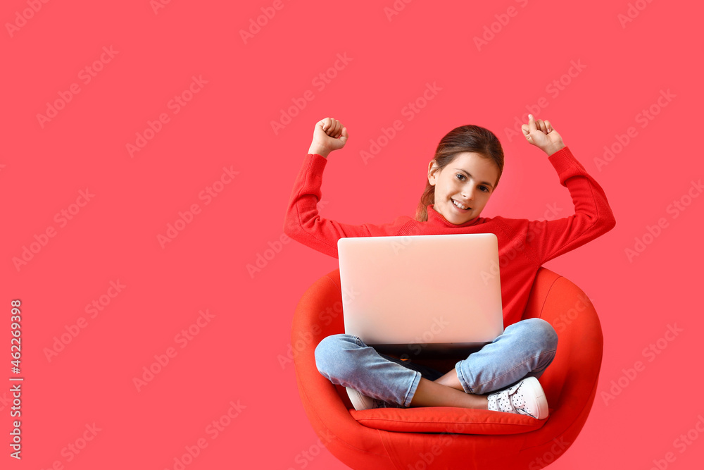 Little programmer with laptop on color background Little programmer with laptop on color background