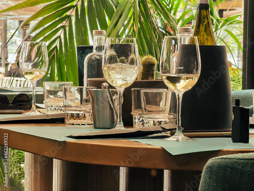 wine on the table in glassess for dinner party leaves cactus photo