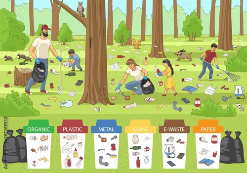 Male and female characters are collecting and sorting trash in the forest