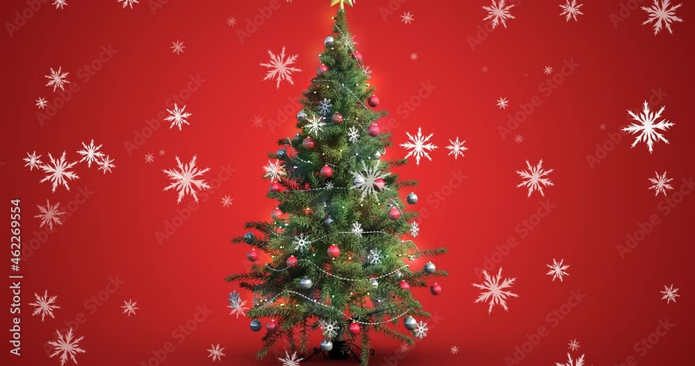 Animation of snow falling over christmas tree on red background Animation of snow falling over christmas tree on red background
