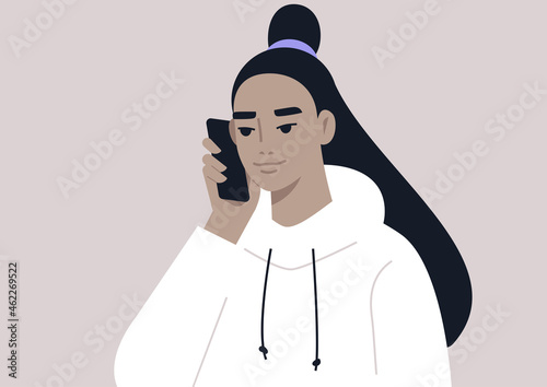A young female Asian character talking on the phone, a millennial lifestyle