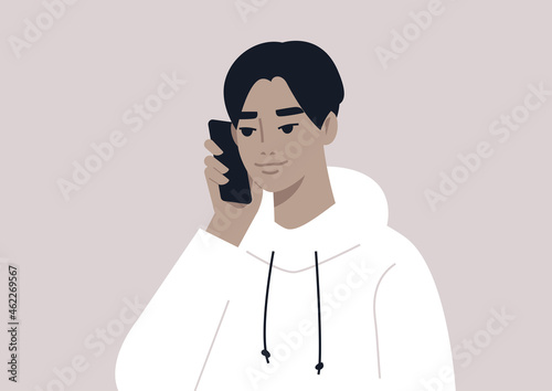 A young male Asian character talking on the phone, a millennial lifestyle