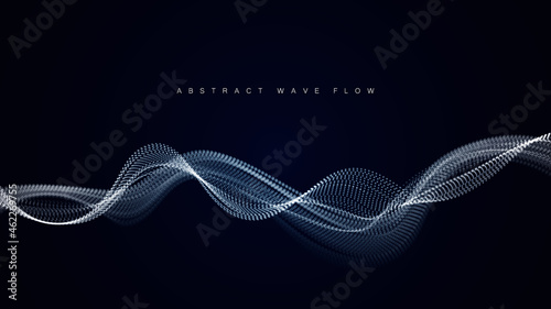 Wave array of shining dots. Wave of dynamic particles flows through the darkness. Dotted curves vector abstract background.