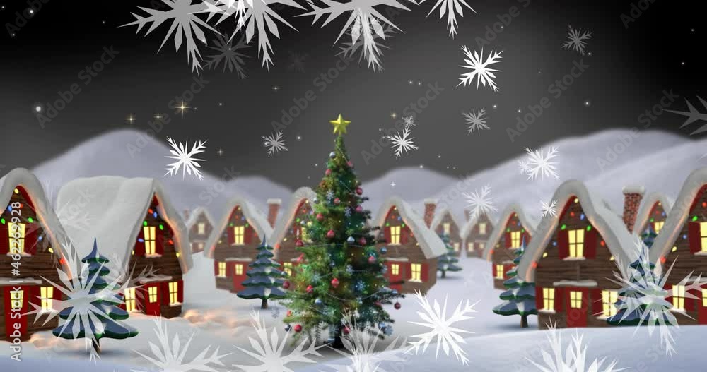 Animation of snow falling over houses in winter scenery Animation of snow falling over houses in winter scenery
