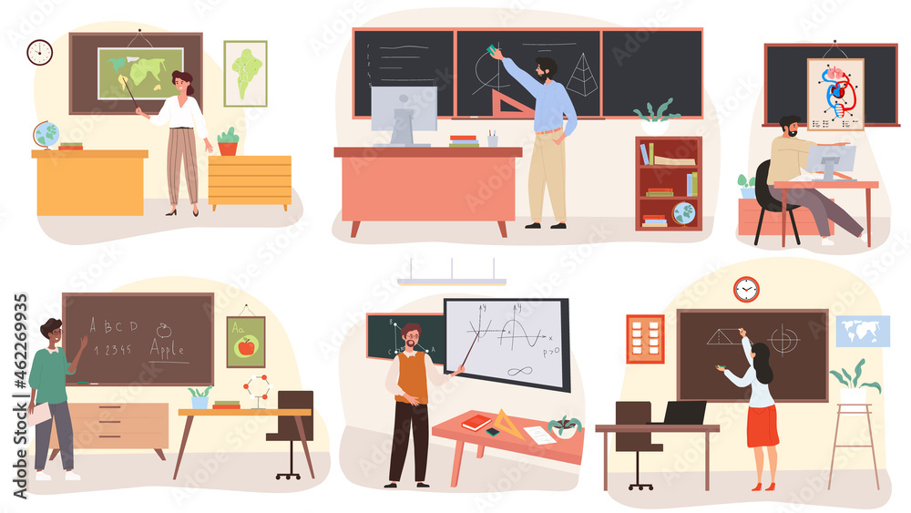 School teachers set. Collection of images with people at blackboard. Man explains lesson to children. Professor at lecture, classroom. Cartoon flat vector illustration isolated on white background School teachers set. Collection of images with people at blackboard. Man explains lesson to children. Professor at lecture, classroom. Cartoon flat vector illustration isolated on white background