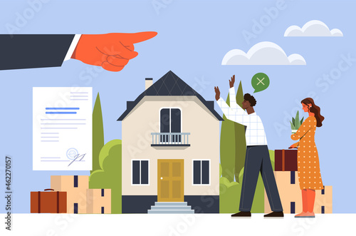 Young couple evicted from home. Businessman kicked family out of their apartment. Finger points to people from home, torn contract. Cartoon flat vector illustration isolated on white background