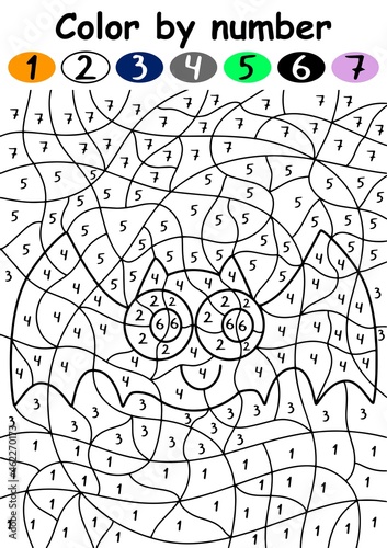 Cute bat color by number vector illustration. Happy Halloween educational coloring page with 1-7 numbers for kids. Activity page for children vertical printable worksheet vector