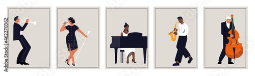 Set of jazz posters. Collection of pictures with musicians. Pianist, singer, double bass, violin, drum. People playing diverse music. Cartoon flat vector illustration isolated on white background