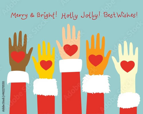 Set of Santa claus hands holding red heart and hands of children on green background