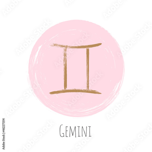 Gemini horoscope icon, gold on round pink hand painted zodiac vector sign. Astrological icon isolated. Gemini astrology horoscope symbol clip art on white background. Pink gold horoscope zodiac icon