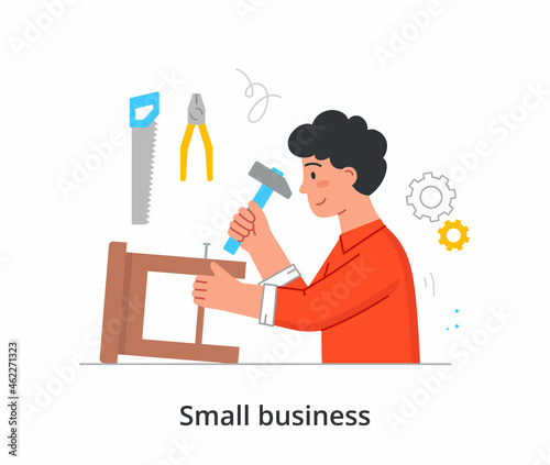 Man repairing stool. Workshop, worker, furniture. Carpenter assembling of chair. Young man with hammer in his hands, saw, pliers. Cartoon flat vector illustration isolated on white background