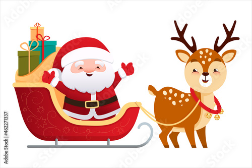 Cute Santa Claus is sitting in a sleigh pulled by a reindeer. Vector illustration in cartoon style isolated on white background © Hanna