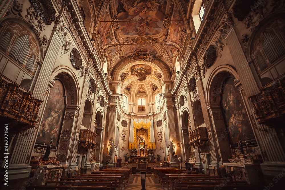 Great 17th century Baroque Church with symbols of Christianity and huge hall