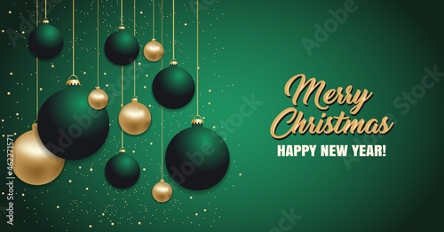Christmas green background with Christmas golden balls. Happy New Year decoration bables. Elegant Xmas banner or poster. Vector