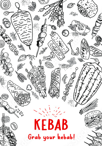 Shawarma cooking and ingredients for kebab. Doner kebab hand drawn. Middle eastern food. Fast food menu design elements. Restaurant cafe menu, template design. Food flyer. Vector.