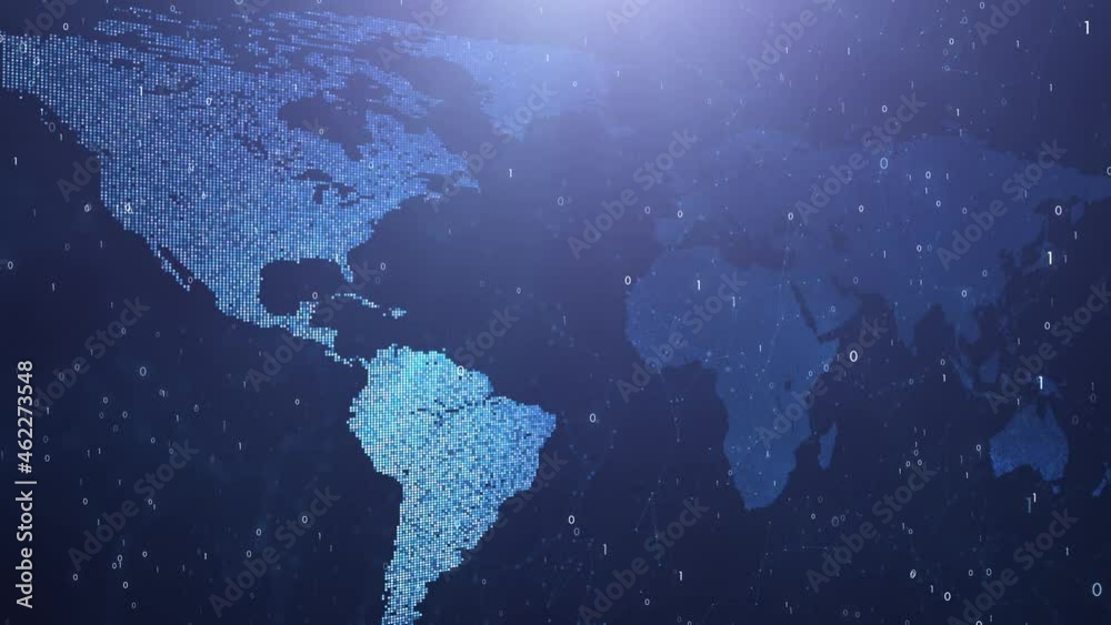 Flashing blue digital world map with binary data motion with copy space ...