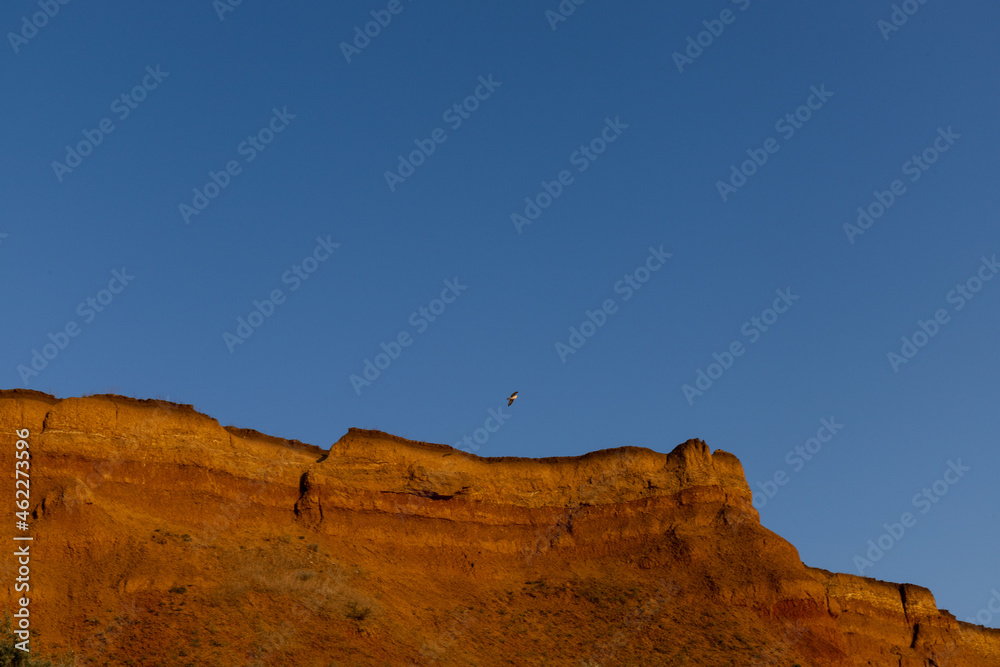 Geology. Desert landscape. Panorama view of the sandstone formation, the rocky cliffs, sand. Background or texture of sandy cliff on the coast, orange limestone Geology. Desert landscape. Panorama view of the sandstone formation, the rocky cliffs, sand. Background or texture of sandy cliff on the coast, orange limestone