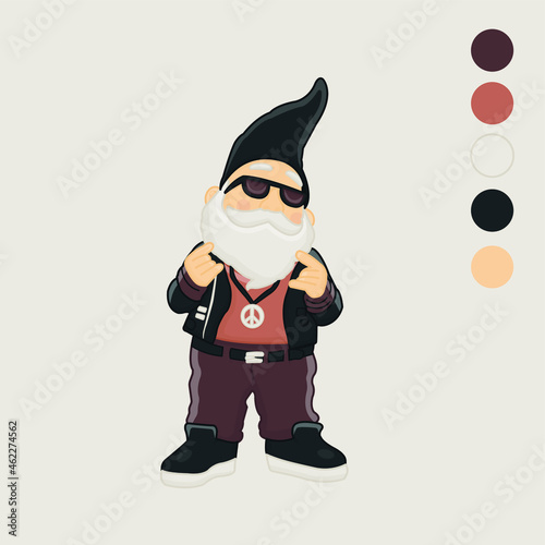 Cartoon illustration of cool garden gnome in leather jacket, black cap and pendant