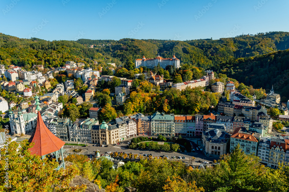 Great spa town Karlovy Vary (Karlsbad) - Czech Republic. One part of famous west Bohemian spa triangle (together with Frantiskovy Lazne and Marianske Lazne) - town 