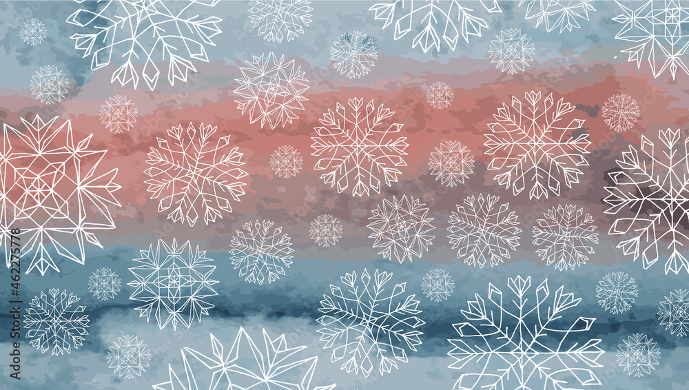 Watercolor background with snowflakes in doodle style for the screen.