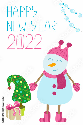 Christmas card 2022. Printable Happy New Year greetings. Vector illustration of a snowman, new year tree with a gift box and a greeting lettering