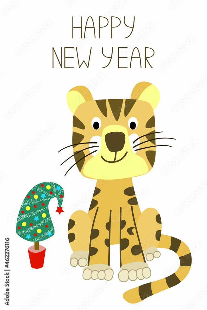 The symbol of the Chinese year 2022 is the tiger. New year card with greeting lettering, cute tiger and new year tree. Christmas printable card