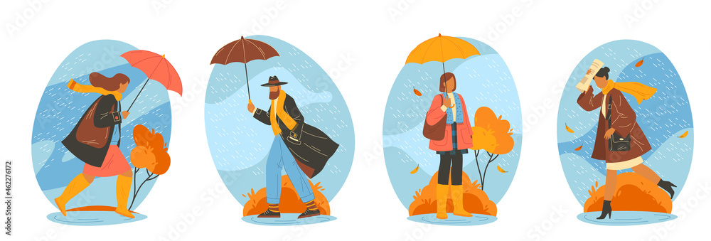 People walking in raining weather, vector clip art