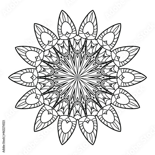 Mandala flower. Circular pattern with many details and geometry elements. Vector illustration for coloring book, tattoo, logo, henna, mehndi