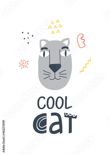 Funny Cat face poster with cute lettering in hand drawn style. Perfect for t-shirt, apparel, cards, poster, nursery decoration. Isolated on white background vector illustration