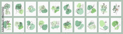 Modern abstract line minimalistic women faces arts set with different shapes for wall decoration, postcard or brochure cover design. Different woman faces. One line art. Vector illustrations design