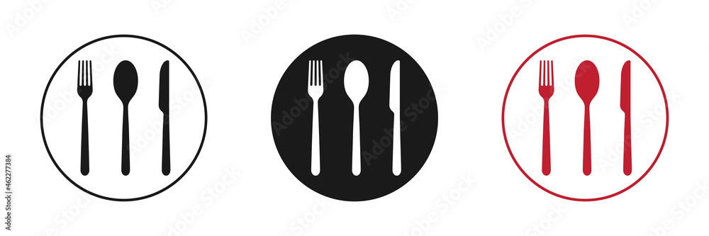 Dishes. Spoon, fork, knife and plates icons set, menu logo, cutlery silhouette. Vector illustration. Dishes. Spoon, fork, knife and plates icons set, menu logo, cutlery silhouette. Vector illustration.