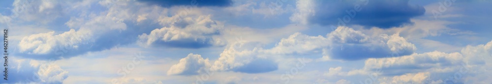 Blue sky landscape with white clouds, huge panorama. Horizontal banner with free copy space for text