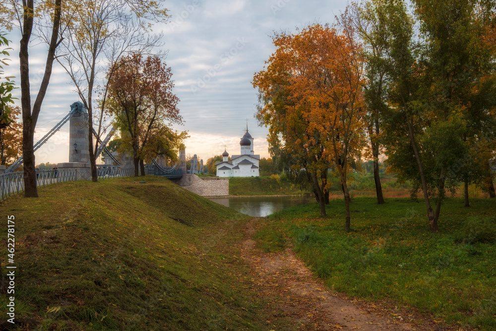 City Ostrov  with the famous ancient chain bridges and the Temple on the island in