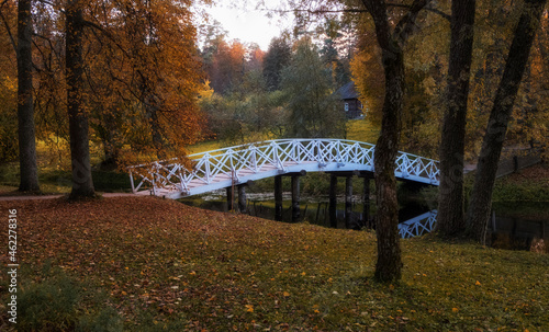 White bridge in the Pushkin Hills on an autumn evening in the countryside.  Russia photo