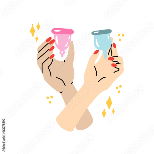 Menstrual cup in the women hands illustration. Zero waste and plastic free periods. Trendy sanitary product.