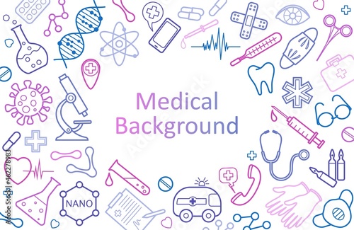 Abstract medical background with icons and symbols. Template design with the concept of healthcare  medical technology  innovative medicine  modern scientific research. Isolated. Vector illustration