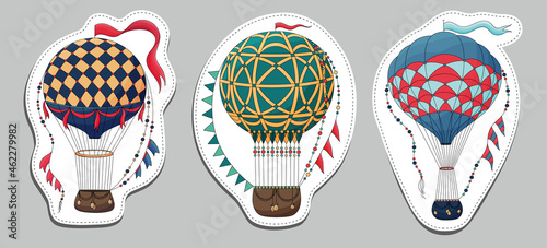 Set of Vintage hot air balloon stickers. Different balloon aerostat sticker. Color air balloons isolated. Large bag filled with hot gas and basket. Flying transport. Hand drawn vintage style flight ai
