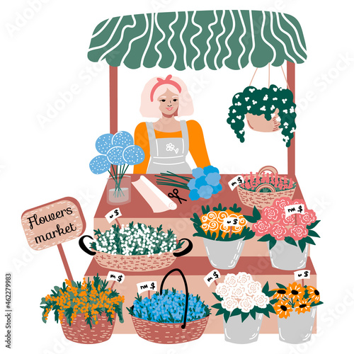Stall counter with cute woman seller and buckets, baskets with different flowers. Flowers market. Vector illustration