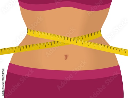 Centimeter ribbon at the waist. The concept of excess weight, diet and weight loss. Body positive.